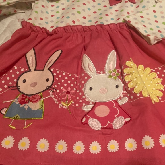 Girls Polka Dot Flower Rabbit Bunny Pink White Dres Bow Embroidered 5 6 Small - Picture 3 of 9